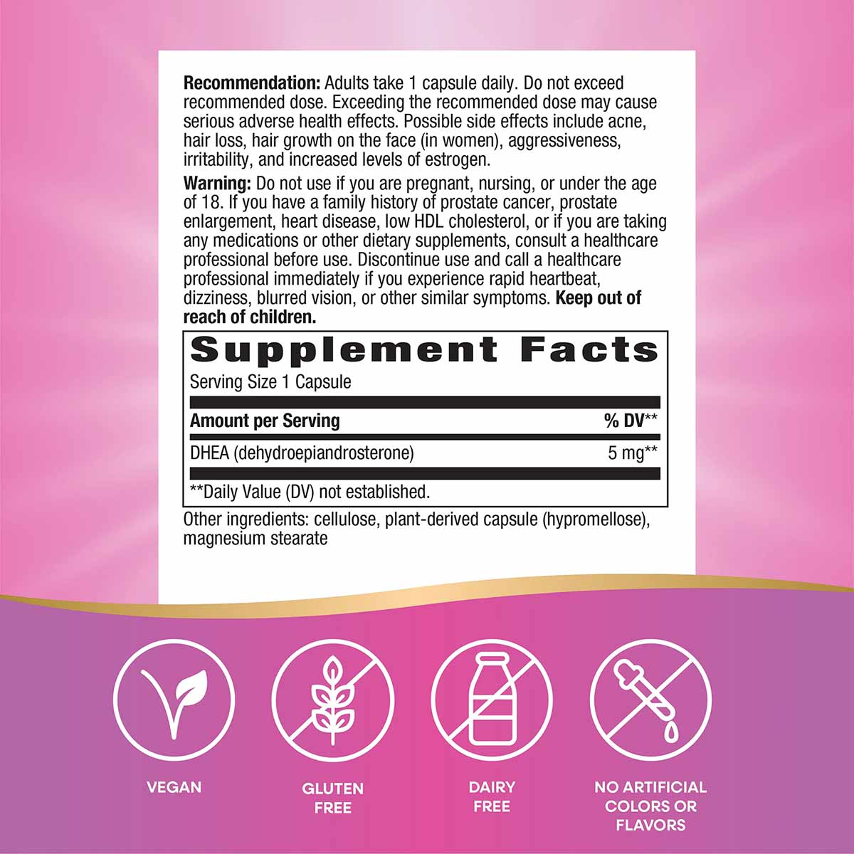Supplement facts label for Nature's Way DHEA 5mg with dosage instructions, warnings, and vegan, gluten-free, dairy-free certi