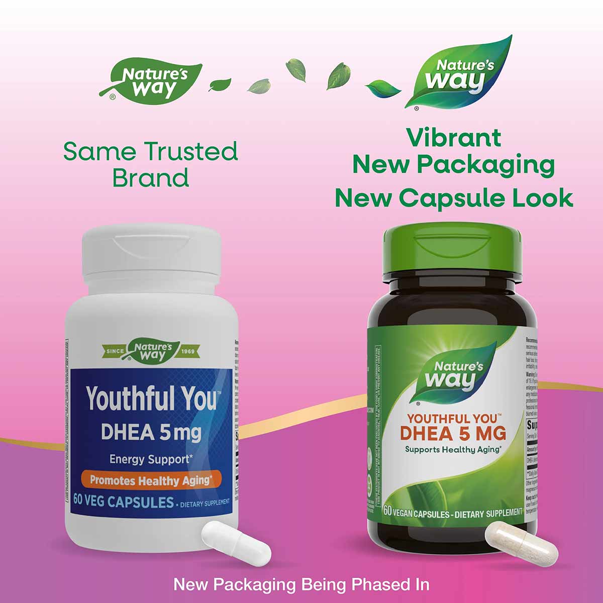 Two bottles of Youthful You DHEA 5 mg by Nature's Way shown side-by-side, comparing old white packaging with new green packag