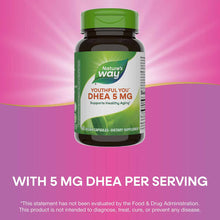 Nature's Way Youthful You DHEA 5 mg supplement bottle with green cap and label on pink background.