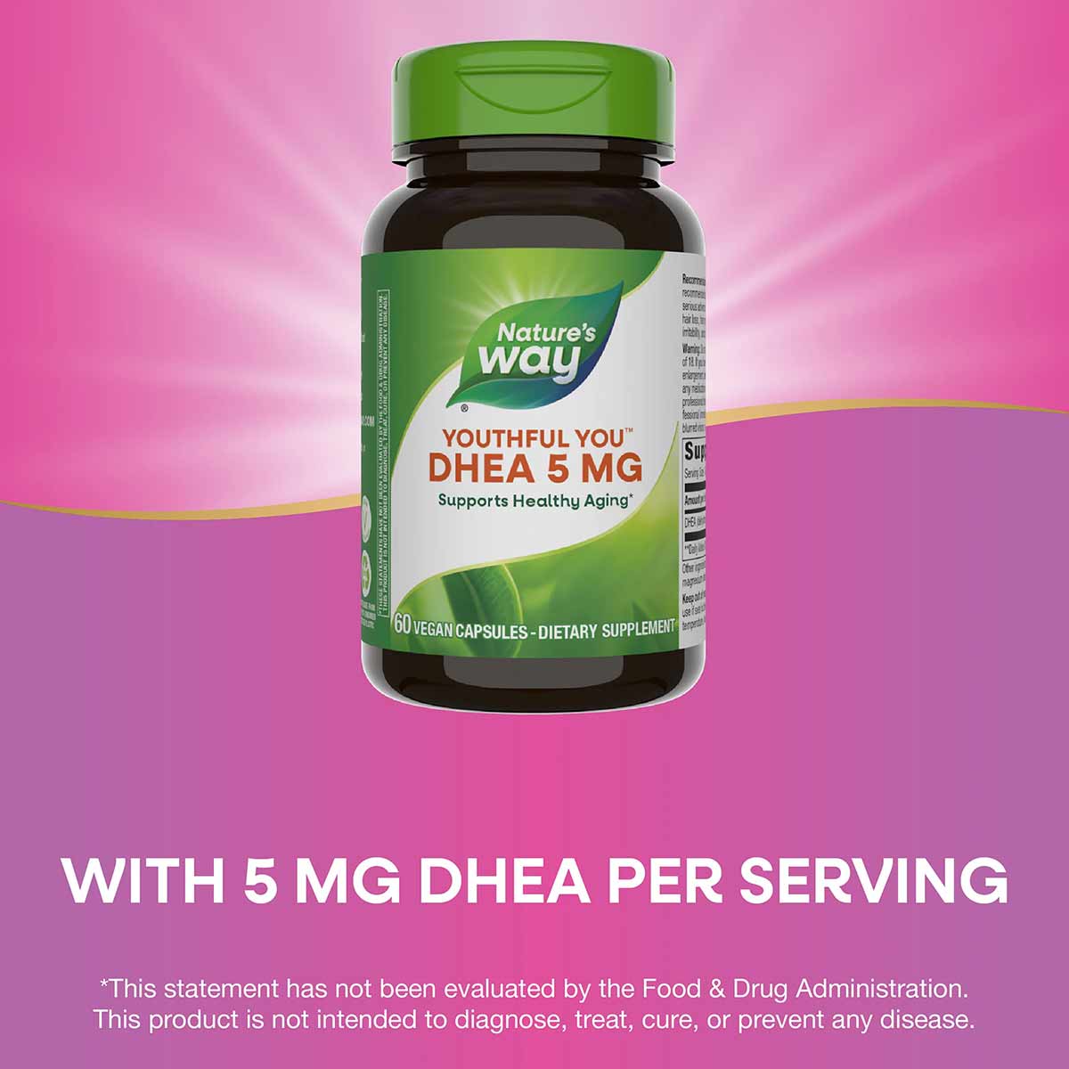 Nature's Way Youthful You DHEA 5 mg supplement bottle with green cap and label on pink background.