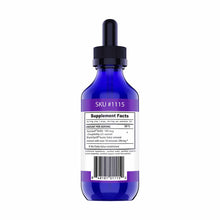 Blue glass dropper bottle with black cap containing zeolite supplement liquid with white label and barcode.