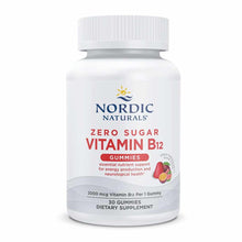 White bottle of Nordic Naturals Zero Sugar Vitamin B12 gummies with white cap and red/pink gummy images on label.