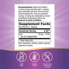 Supplement Facts label for Zinc Chelate 30 mg capsules with usage recommendations and dairy-free, gluten-free, no artificial 