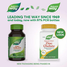 Two Nature's Way Zinc Chelate 30mg bottles: dark green glass with green cap (left) and white plastic with gold cap labeled "N