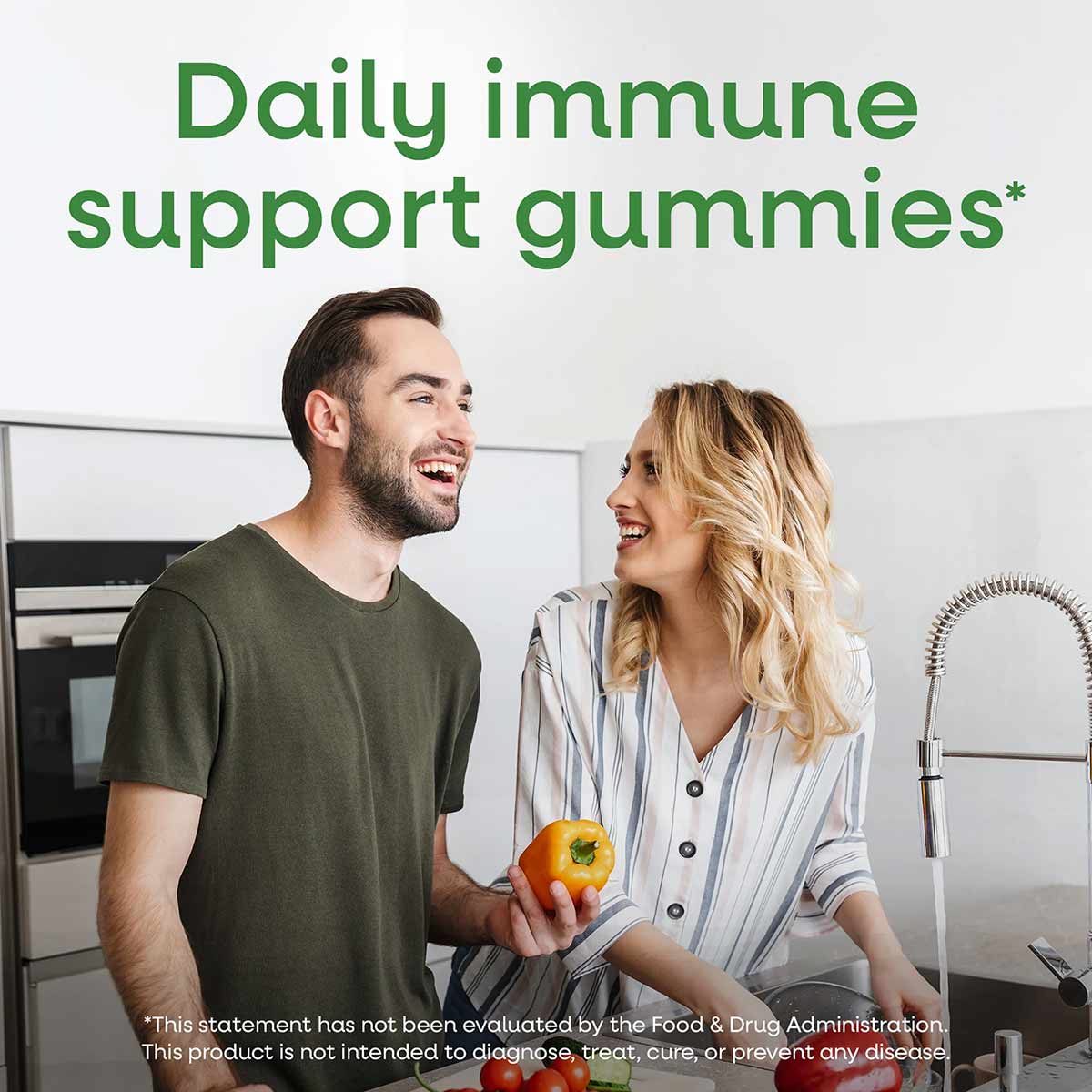 Bottle of Zinc Gummies 11 mg by Nature's Way displayed with two people in a kitchen holding fresh vegetables.