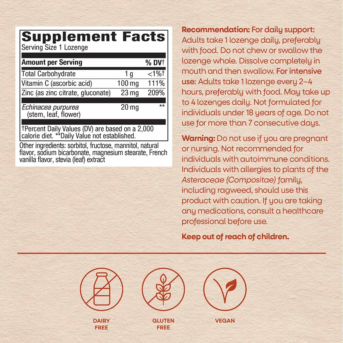 Supplement Facts label for zinc lozenges showing ingredients, dosage instructions, and allergen information with dairy-free, 