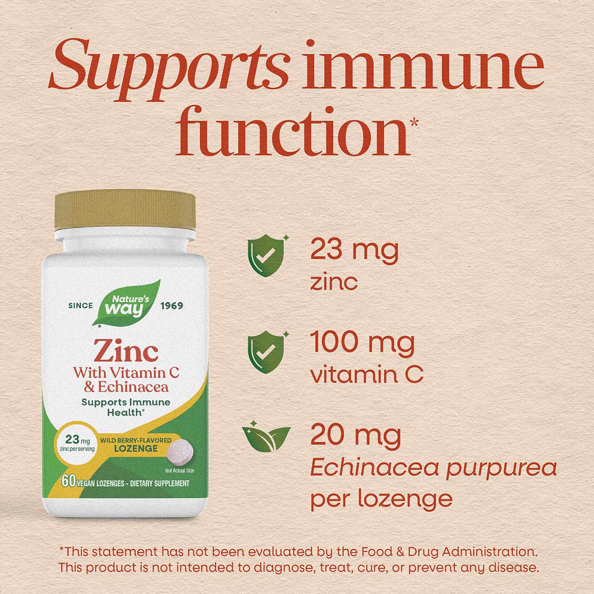 Nature's Way zinc lozenge bottle with gold cap containing 60 wild berry-flavored lozenges.