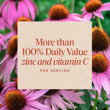 Cream-colored label with red text stating "More than 100% Daily Value zinc and vitamin C per serving" on background of pink a