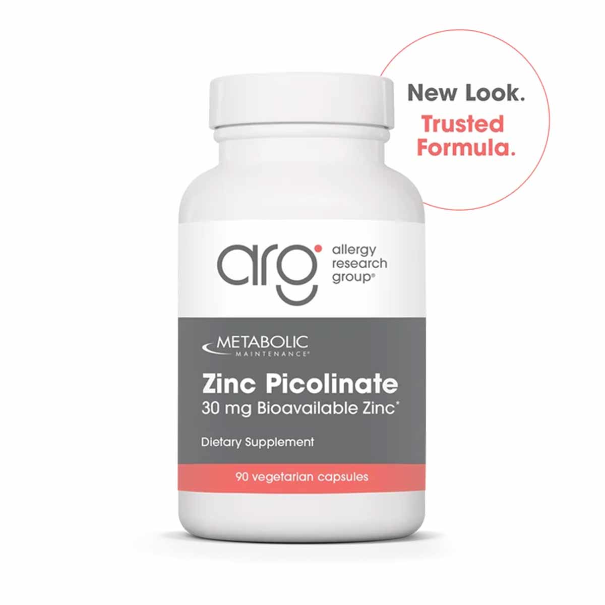 White supplement bottle labeled Zinc Picolinate 30 mg by Allergy Research Group containing 90 vegetarian capsules.