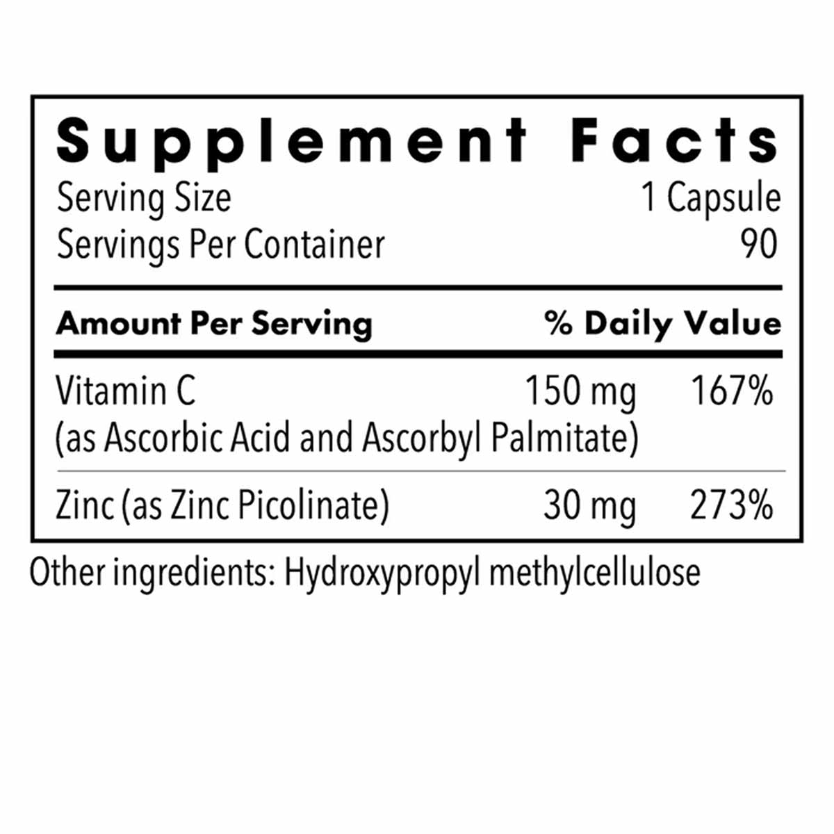 Supplement Facts label showing 30 mg zinc picolinate and 150 mg vitamin C per capsule, 90 servings per container.