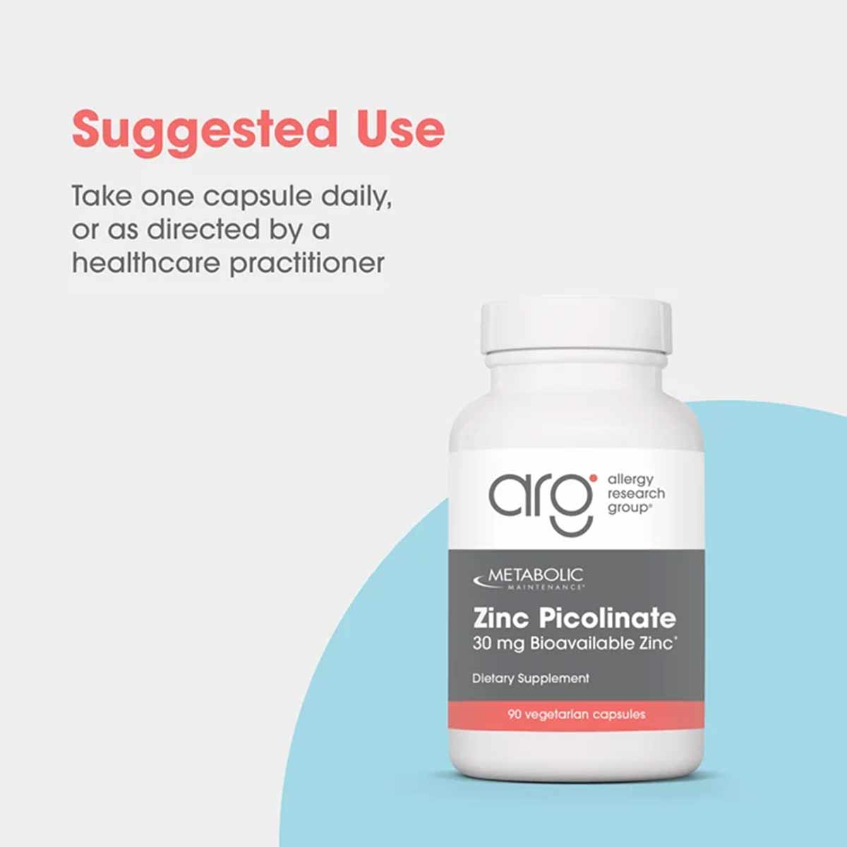 White bottle of Allergy Research Group Zinc Picolinate 30 mg containing 90 vegetarian capsules.