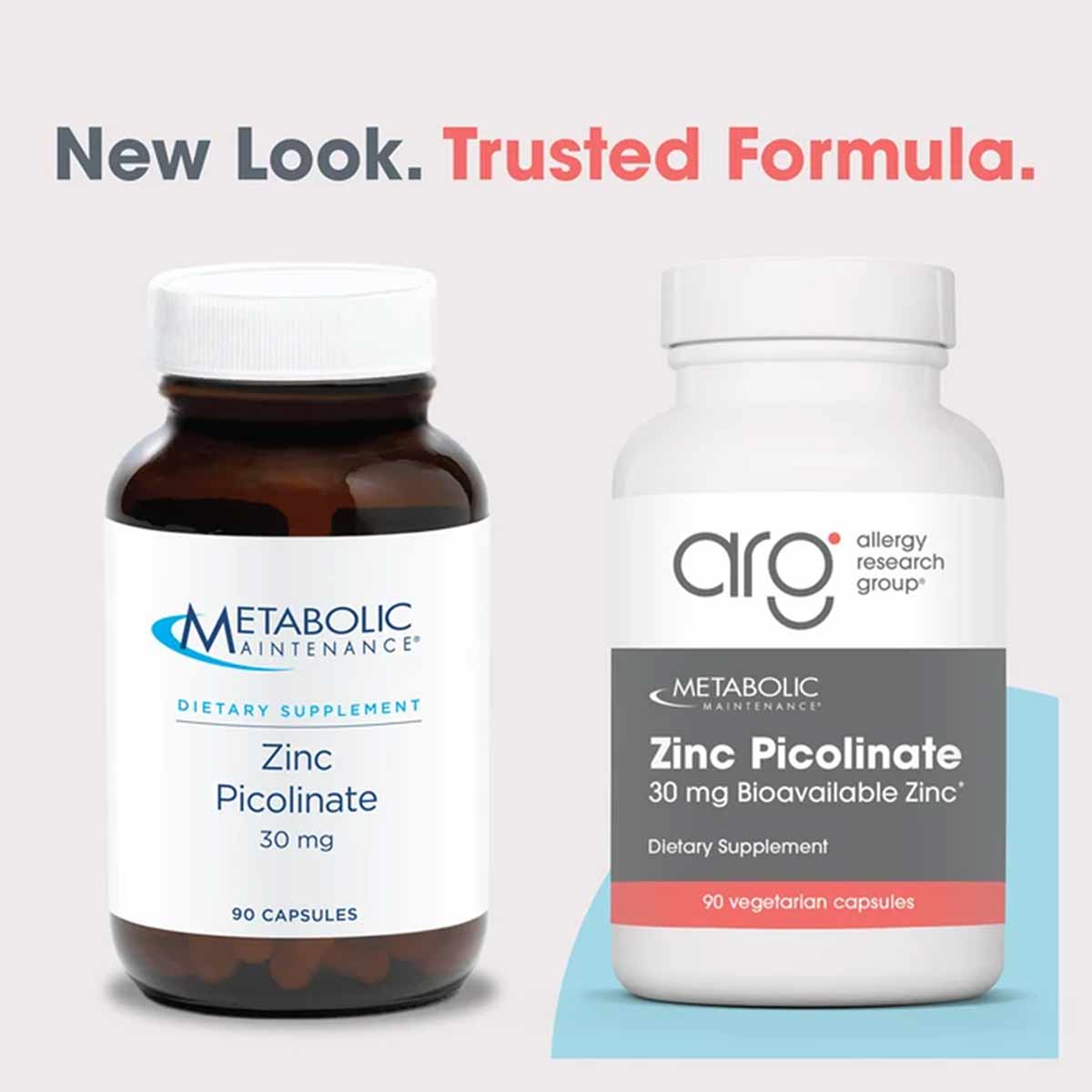 Two bottles of Zinc Picolinate 30 mg dietary supplement by Allergy Research Group, showing old and new label designs, each co