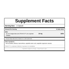Supplement Facts label listing a one-capsule serving size with 20 mg of zinc, 182% daily value, and other ingredients.