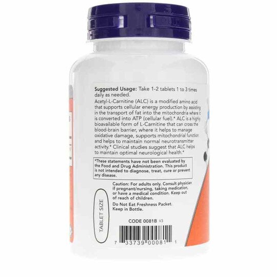 Acetyl-L-Carnitine 750 Mg, 90 Tablets, NOW