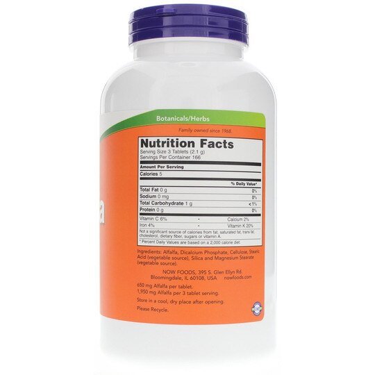 Alfalfa 650 Mg, 500 Tablets, NOW