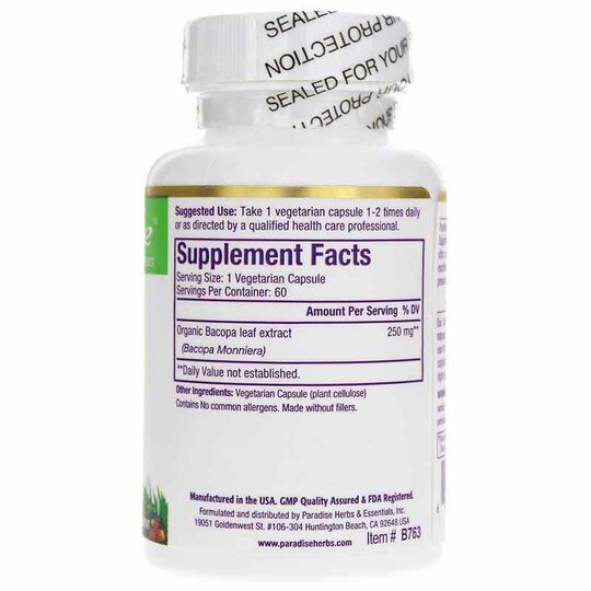 Bacopa Organic 250 Mg, 60 Veg Capsules, PHE