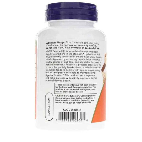 Betaine HCl 648 Mg, 120 Veg Capsules, NOW