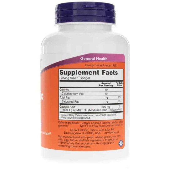 Caprylic Acid 600 Mg, 100 Softgels, NOW