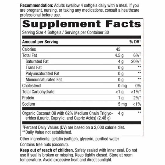 Coconut Oil Pure Extra Virgin, 120 Softgels, NWA