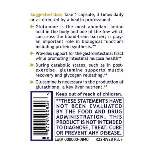 Glutamine L-Glutamine 500 Mg, 100 Veg Capsules, PRL