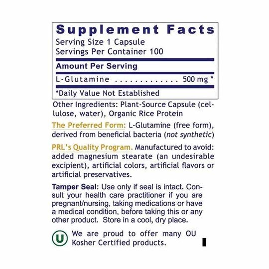 Glutamine L-Glutamine 500 Mg, 100 Veg Capsules, PRL