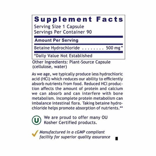 HCL Betaine Hydrochloride, 90 Veg Capsules, PRL