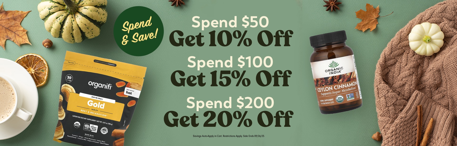 Spend & Save 10% on $50, 15% on $100, 20% on $200
