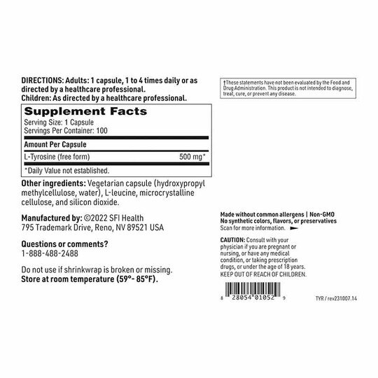 L-Tyrosine 500 Mg, 100 Capsules, KL