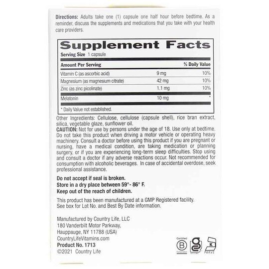 Melatonin 10 Mg w/ Magnesium, Zinc & Vitamin C, 60 Vegan Capsules, CTL