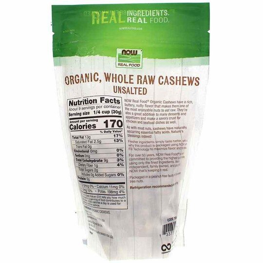 Organic Whole, Raw Cashews Unsalted, 10 Oz, NOW