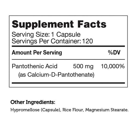 Pantothenic Acid 500 Mg, 120 Capsules, ZHL