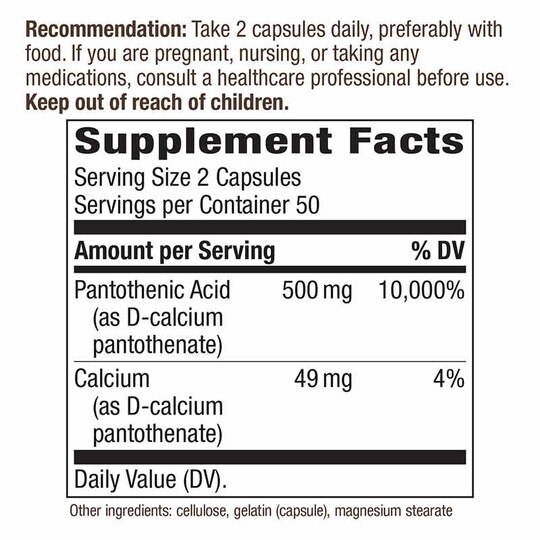 Pantothenic Acid (Vitamin B5), 100 Capsules, NWA