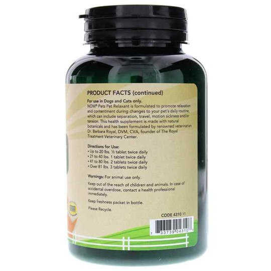 Pet Relaxant for Dogs/Cats, 90 Chewable Tablets, NOW
