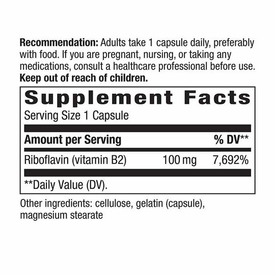 Riboflavin Vitamin B2 100 Mg, 100 Capsules, NWA