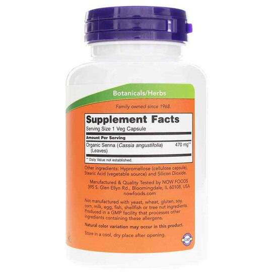 Senna Leaves 470 Mg, 100 Veg Capsules, NOW