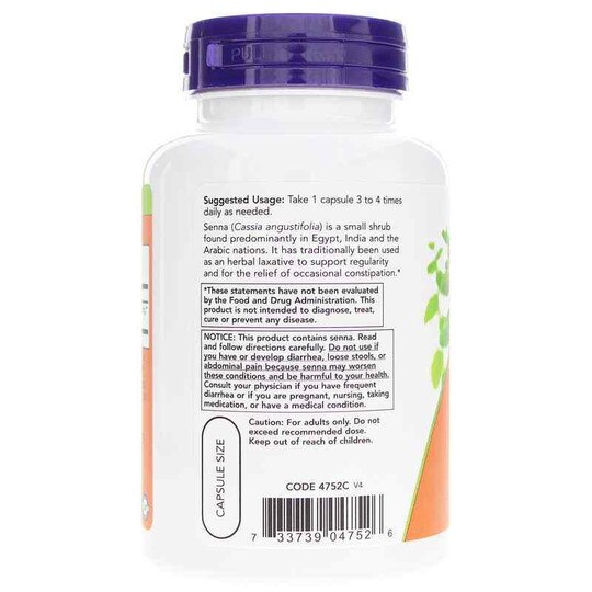 Senna Leaves 470 Mg, 100 Veg Capsules, NOW