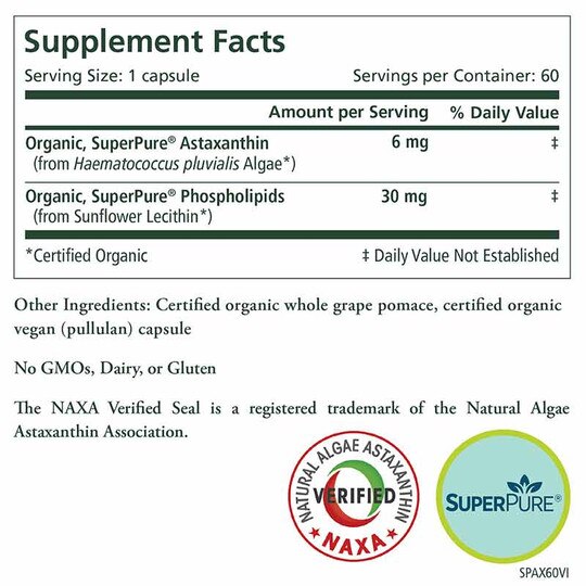 SuperPure Astaxanthin Organic Algae, 60 Capsules, PSY