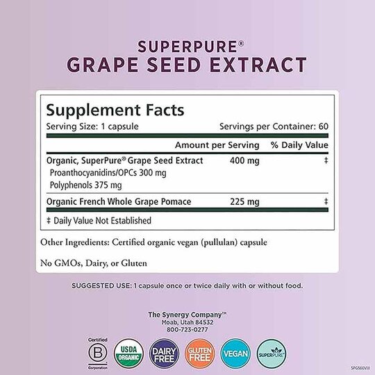 SuperPure Grape Seed Organic Extract Capsules, 60 Veg C, PSY