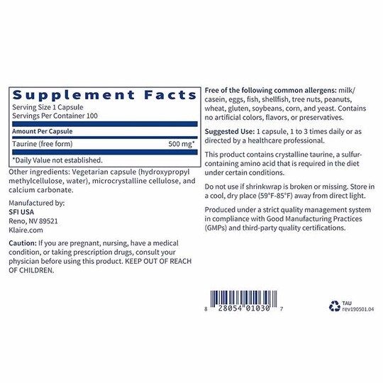 Taurine 500 Mg, 100 Veg Capsules, KL