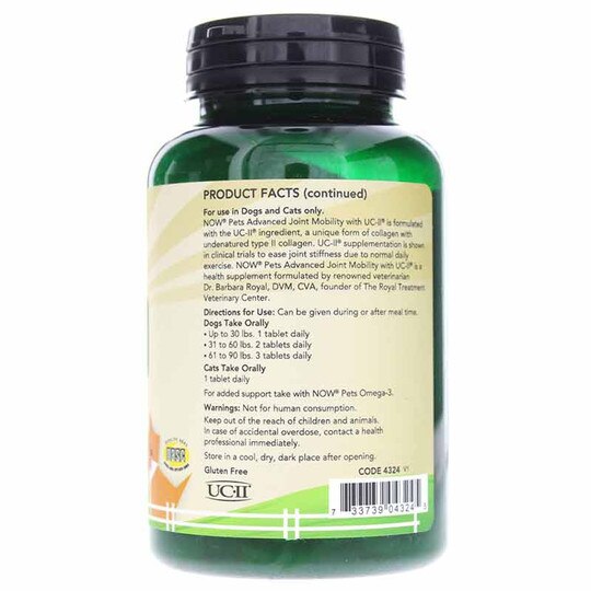 UC-II Advanced Joint Mobility for Dogs & Cats, 60 Chewable Tablets, NOW
