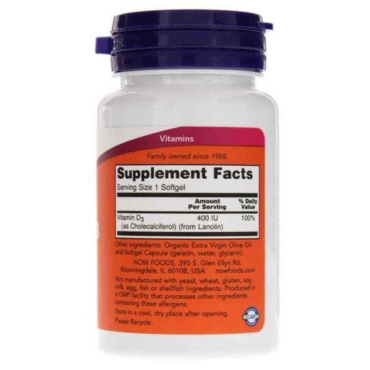 Vitamin D-3 400 IU, 180 Softgels, NOW