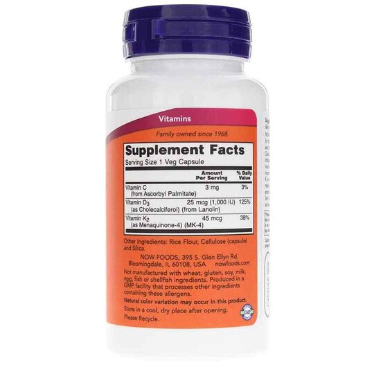 Vitamin D-3 & K-2, 120 Veg Capsules, NOW