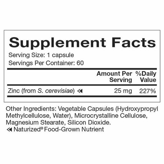 Zinc 25 Mg Food-Grown Zinc, 60 Capsules, NHP
